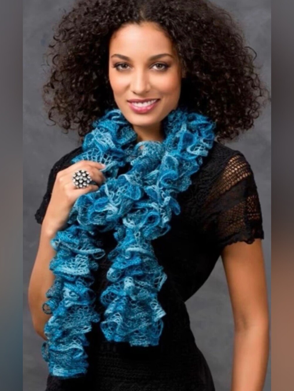 Multicolor Handmade Crocheted Fashion Ruffle Scarf Shades of Blue Teal 60" Long - Picture 4 of 14